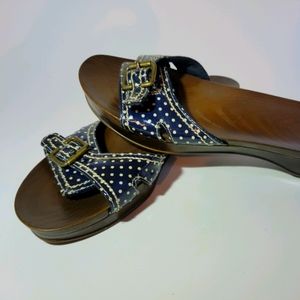 DR SCHOLLS LAND SLIDES SANDALS NAVY BLUE POLKA DOT